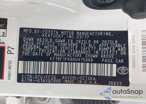 2017 Toyota Camry Se z USA, uszkodzony, nr VIN 4T1BF1FK6HU415068